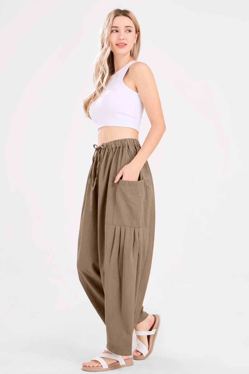 Chouyatou Womens Baggy Linen Pants Casual Loose Fit Drawstring Wide Leg Harem Pants with Pocket
