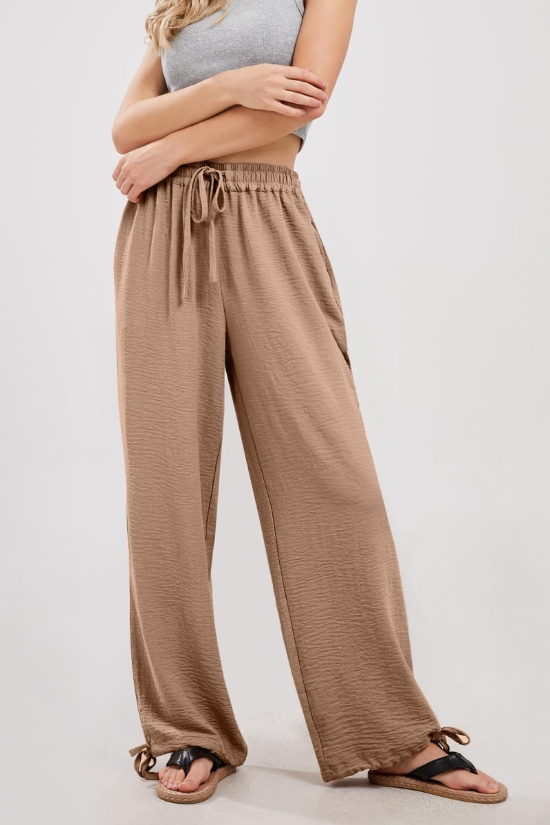 Chouyatou Wide Leg Linen Pants for Women Casual Loose Fit High Waisted Pants with Drawstrings