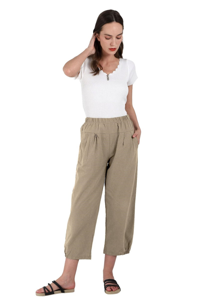 Chouyatou Women's Cropped Harem Pants Elastic Waist Casual Loose Fit Cotton Linen Capris with Pockets