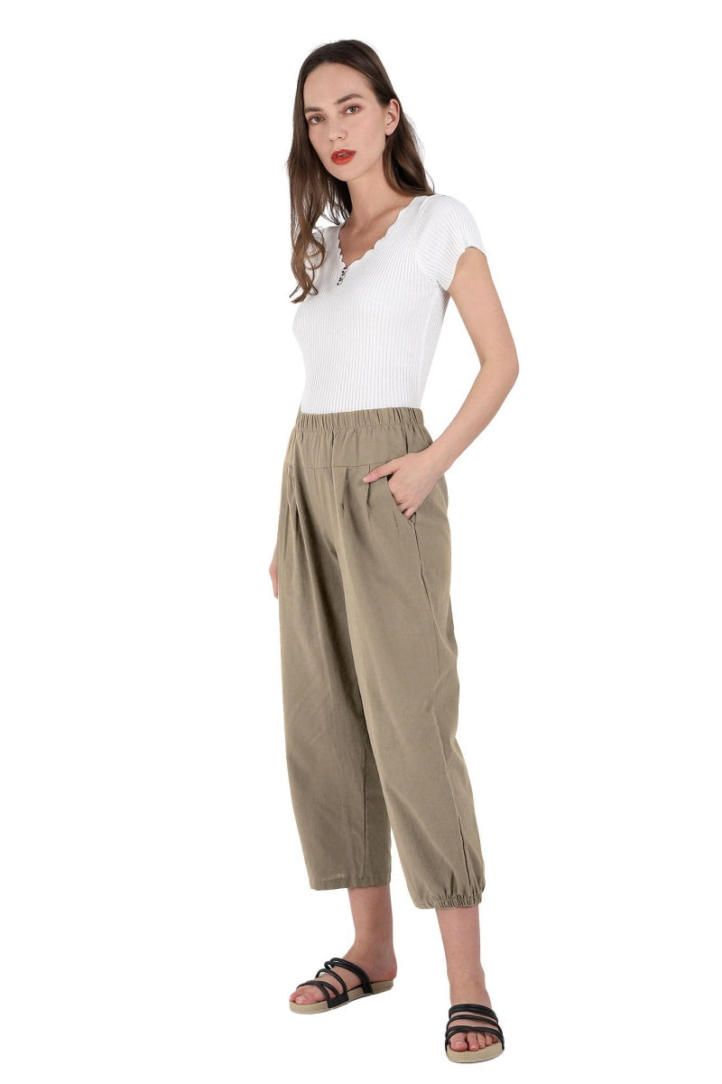 Chouyatou Women's Cropped Harem Pants Elastic Waist Casual Loose Fit Cotton Linen Capris with Pockets