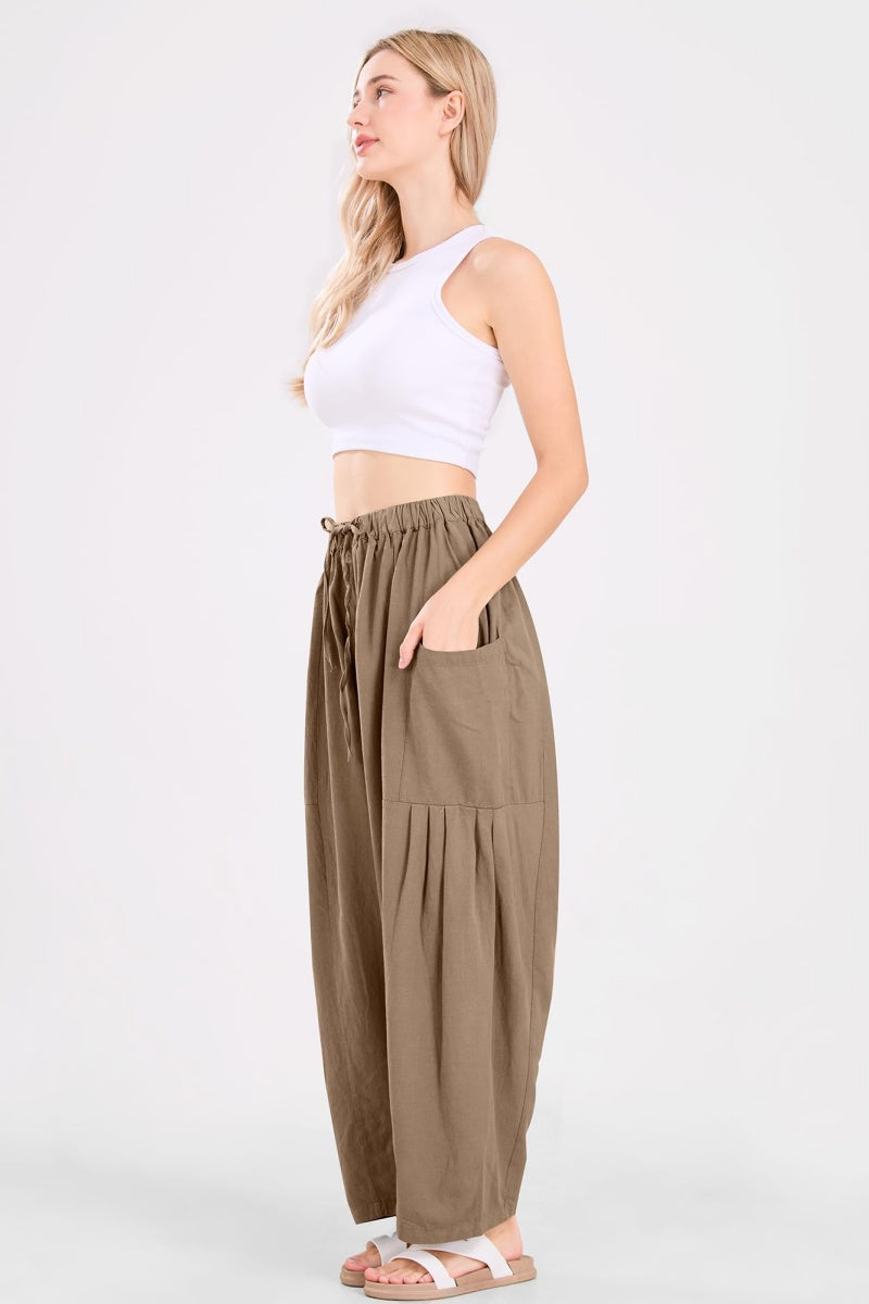 Chouyatou Womens Baggy Linen Pants Casual Loose Fit Drawstring Wide Leg Harem Pants with Pocket