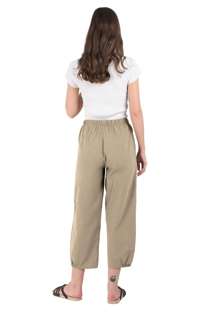 Chouyatou Women's Cropped Harem Pants Elastic Waist Casual Loose Fit Cotton Linen Capris with Pockets