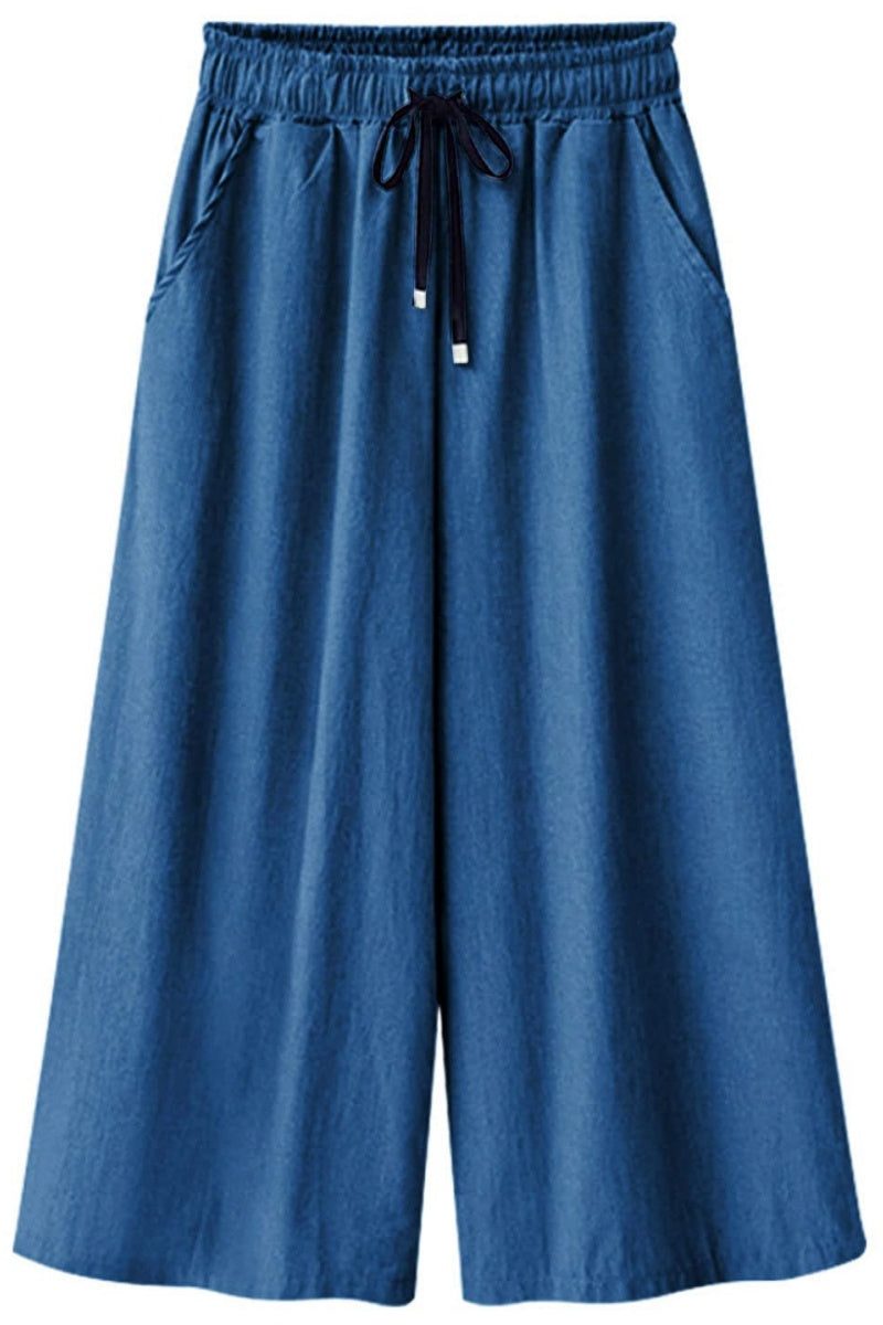 Chouyatou Women Elastic Waist Wide Leg Capris Cropped Denim Pants Jeans Palazzo Culottes with Pocket