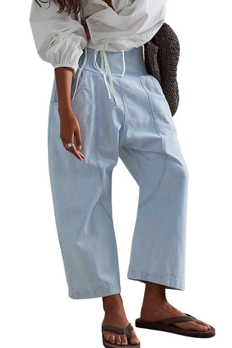Chouyatou Denim Harem Pants for Women Loose Fit Wide Leg Cropped Barrel Jeans