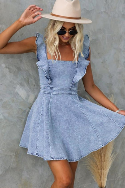 Chouyatou Women's High Waist Square Neck Denim Dress - Short Sleeve Tiered Mini Smocked Dress - View #5