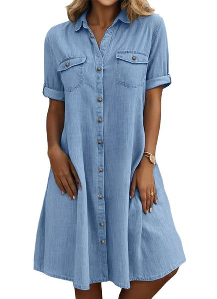 Women's Denim Midi Shirt Dress - Short Sleeve Button-Down With Pockets & Belt, Below Knee Length - View #2