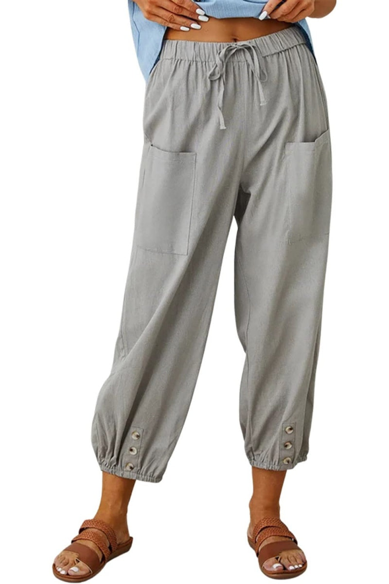 Chouyatou Women Cotton and Linen Drawstring Capri Pants Casual High Waist Pocket Cropped Pants