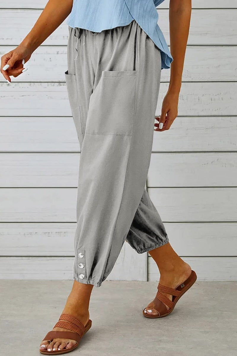 Chouyatou Women Cotton and Linen Drawstring Capri Pants Casual High Waist Pocket Cropped Pants