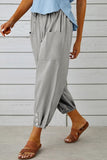 Chouyatou Women Cotton and Linen Drawstring Capri Pants Casual High Waist Pocket Cropped Pants