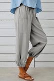 Chouyatou Women Cotton and Linen Drawstring Capri Pants Casual High Waist Pocket Cropped Pants