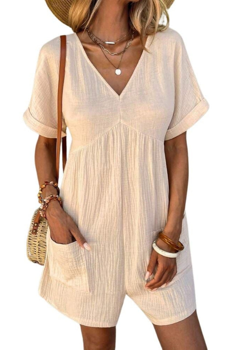 Chouyatou Womens Short Sleeve Rompers Summer Casual Loose Fit V-Neck Short One Piece Jumpsuits with Pockets