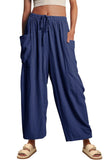 Chouyatou Womens Baggy Linen Pants Casual Loose Fit Drawstring Wide Leg Harem Pants with Pocket