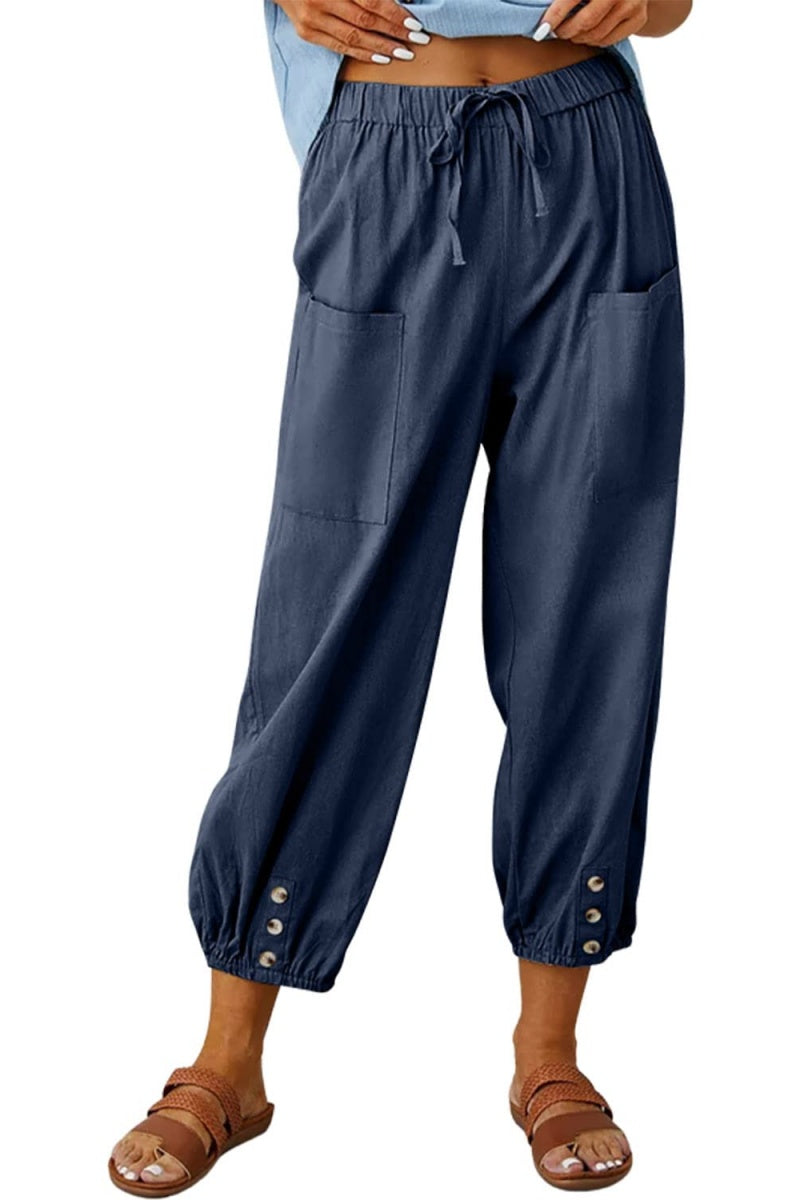 Chouyatou Women Cotton and Linen Drawstring Capri Pants Casual High Waist Pocket Cropped Pants