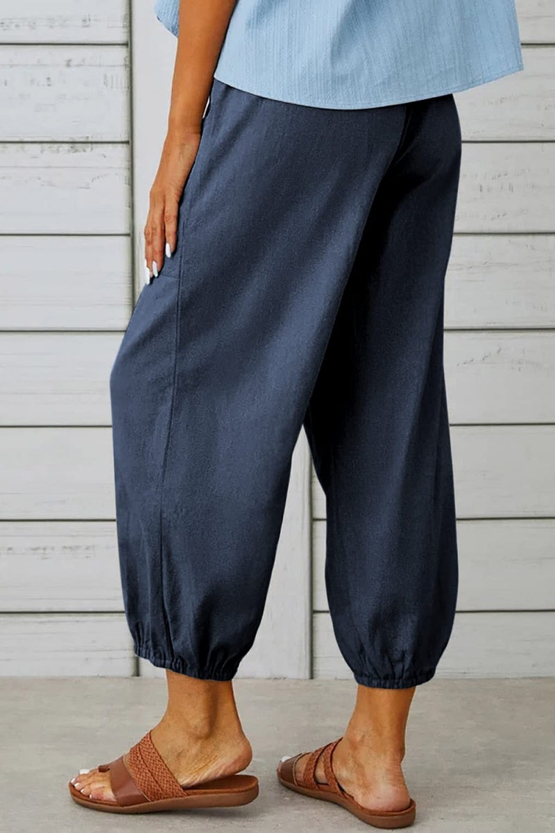 Chouyatou Women Cotton and Linen Drawstring Capri Pants Casual High Waist Pocket Cropped Pants