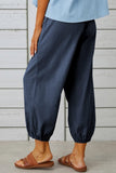 Chouyatou Women Cotton and Linen Drawstring Capri Pants Casual High Waist Pocket Cropped Pants