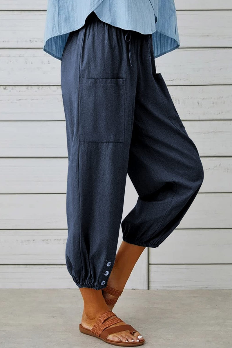 Chouyatou Women Cotton and Linen Drawstring Capri Pants Casual High Waist Pocket Cropped Pants