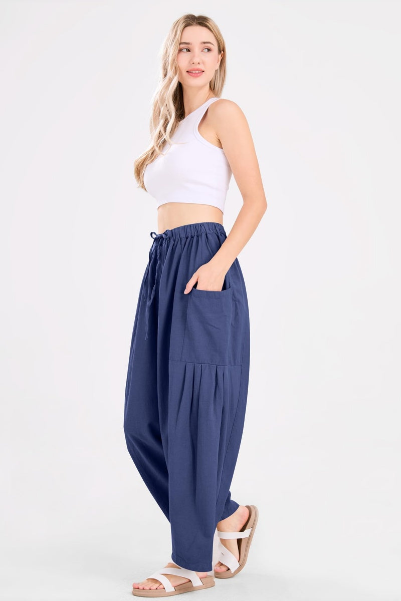 Chouyatou Womens Baggy Linen Pants Casual Loose Fit Drawstring Wide Leg Harem Pants with Pocket