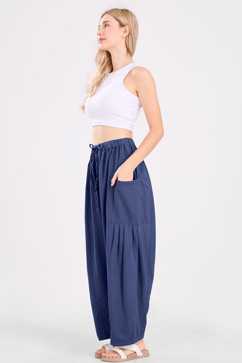 Chouyatou Womens Baggy Linen Pants Casual Loose Fit Drawstring Wide Leg Harem Pants with Pocket