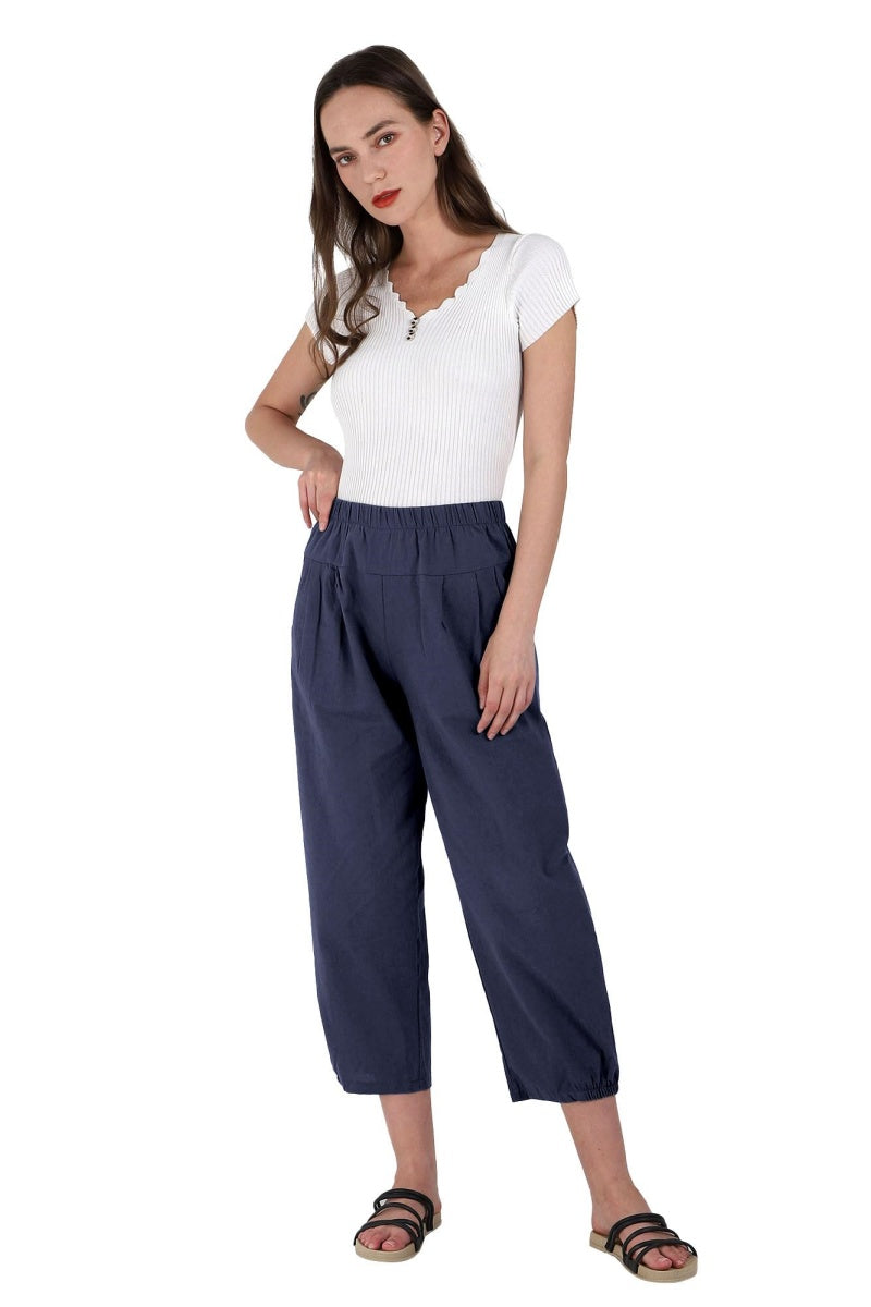 Chouyatou Women's Cropped Harem Pants Elastic Waist Casual Loose Fit Cotton Linen Capris with Pockets