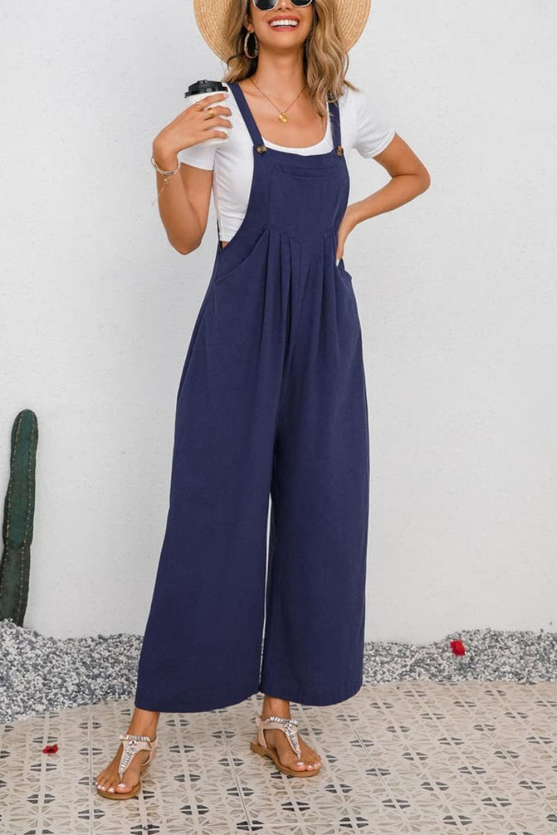 Chouyatou Women's Summer Wide Leg Bib Linen Overalls Palazzo Pants Casual Linen Jumpsuits