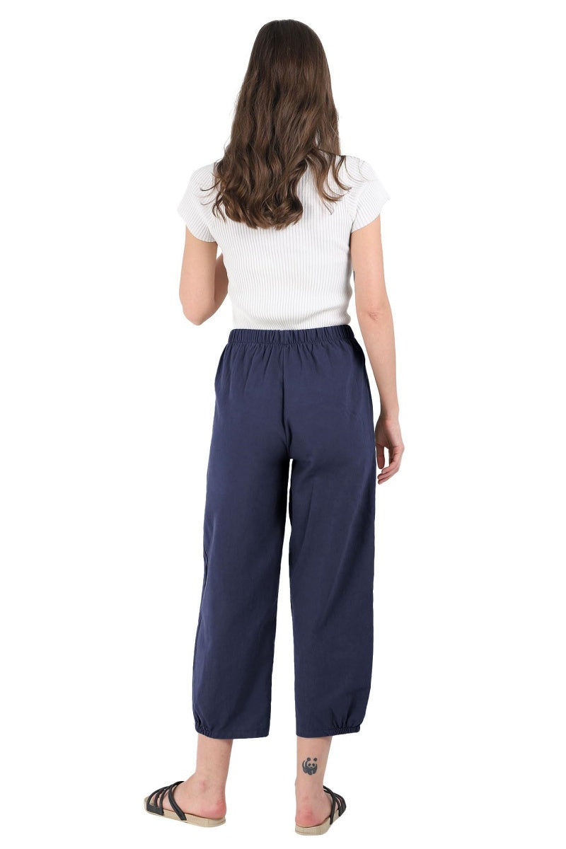 Chouyatou Women's Cropped Harem Pants Elastic Waist Casual Loose Fit Cotton Linen Capris with Pockets