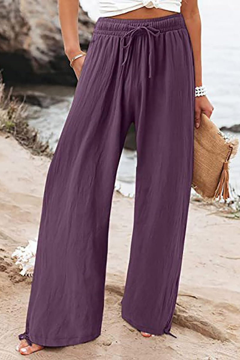 Chouyatou Wide Leg Linen Pants for Women Casual Loose Fit High Waisted Pants with Drawstrings