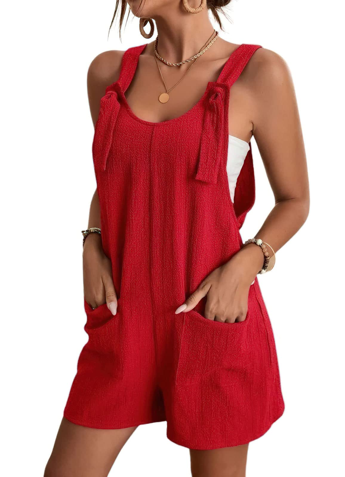 Chouyatou Womens Summer Cute Short Overalls Loose Fit Sleeveless Casual Rompers Jumpsuits Shorts