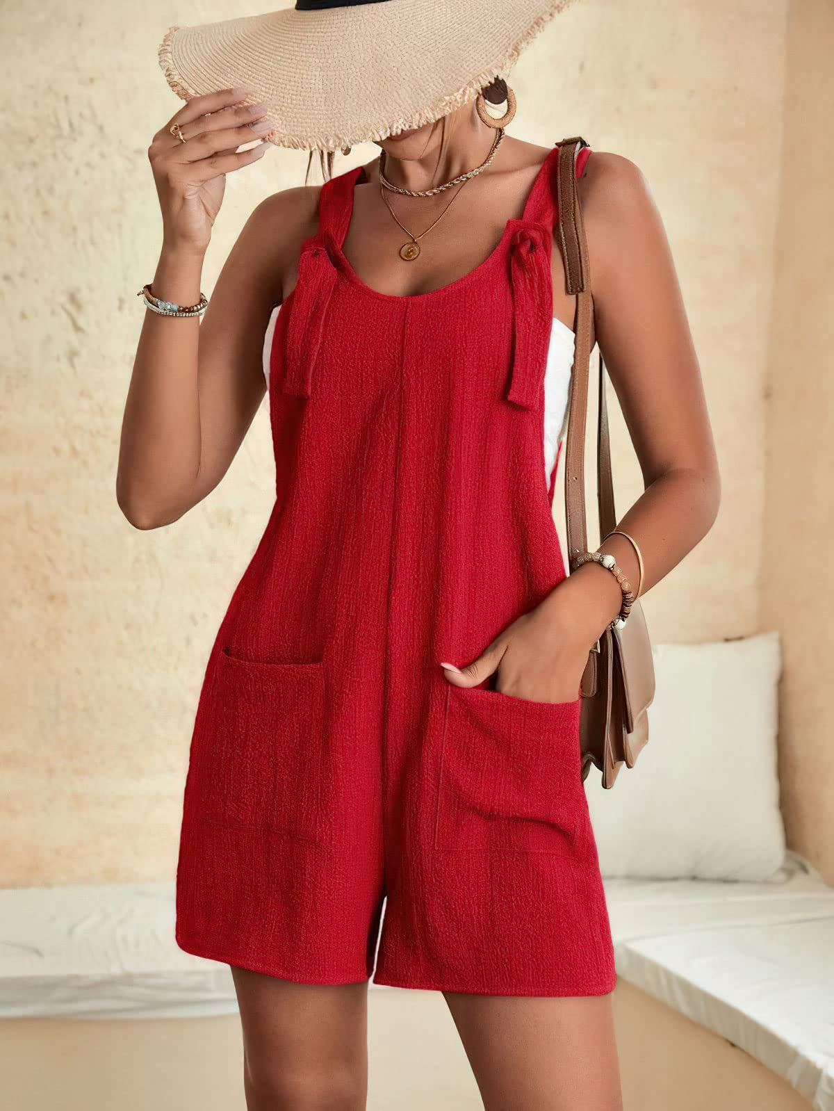 Chouyatou Womens Summer Cute Short Overalls Loose Fit Sleeveless Casual Rompers Jumpsuits Shorts