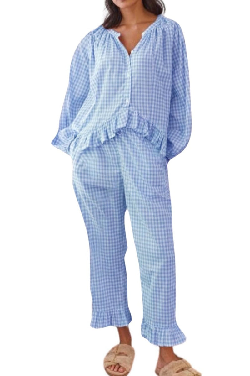 Chouyatou Womens Gingham Pajama Set 2 Piece Long Sleeve Babydoll Shirt and Pants Matching Lounge Set Fall Outfits