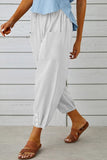 Chouyatou Women Cotton and Linen Drawstring Capri Pants Casual High Waist Pocket Cropped Pants