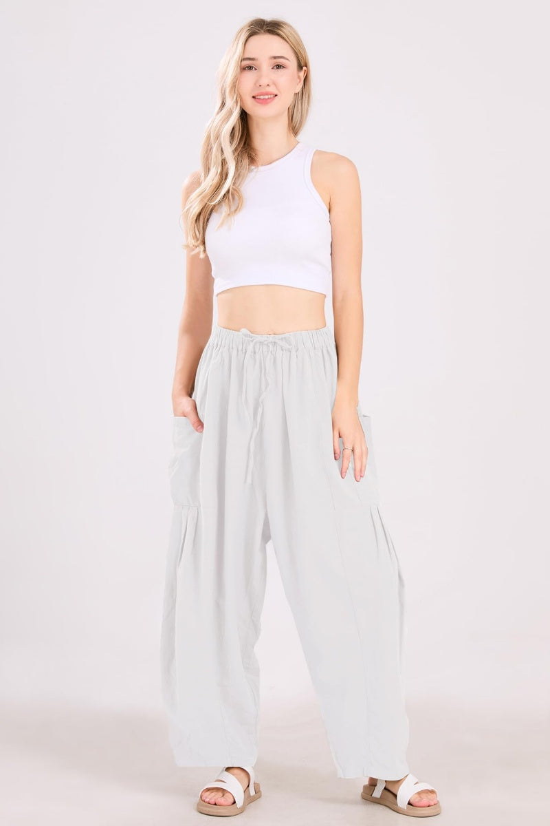 Chouyatou Womens Baggy Linen Pants Casual Loose Fit Drawstring Wide Leg Harem Pants with Pocket