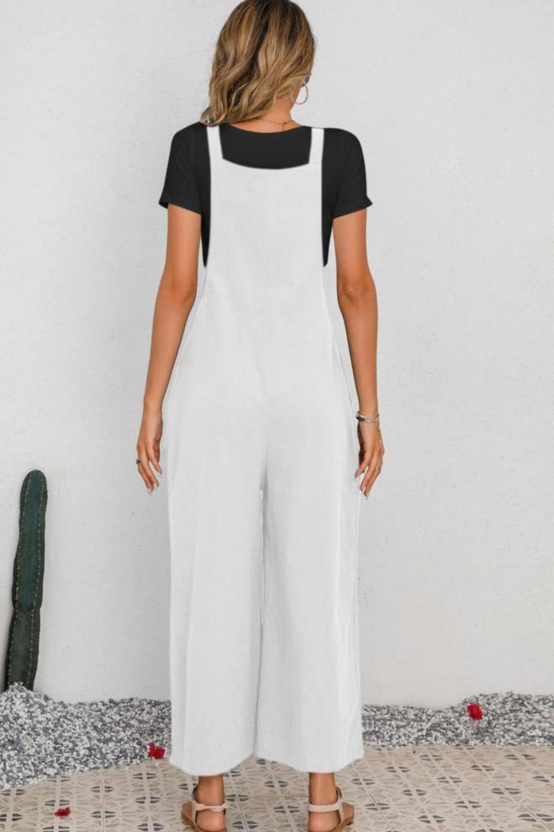 Chouyatou Women's Summer Wide Leg Bib Linen Overalls Palazzo Pants Casual Linen Jumpsuits