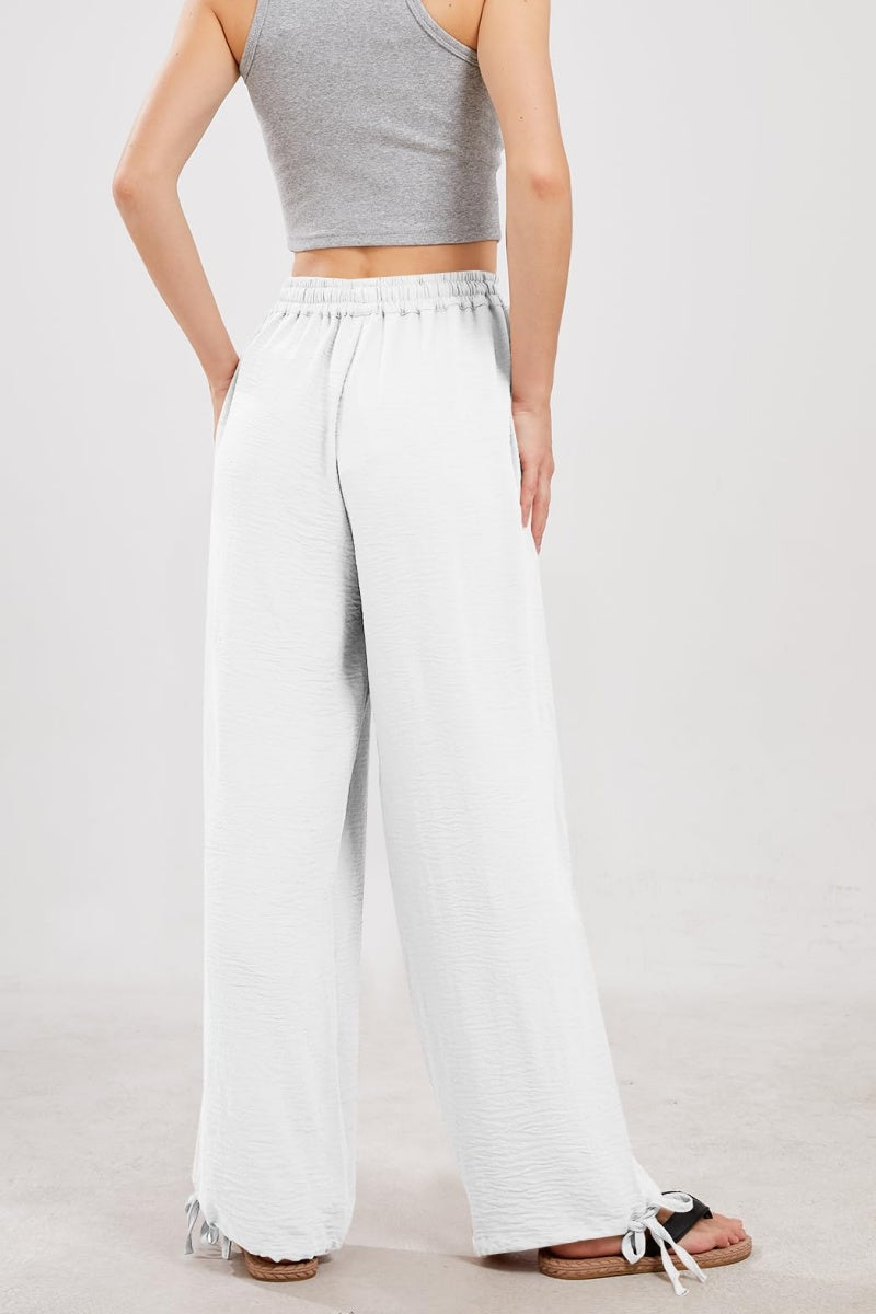 Chouyatou Wide Leg Linen Pants for Women Casual Loose Fit High Waisted Pants with Drawstrings