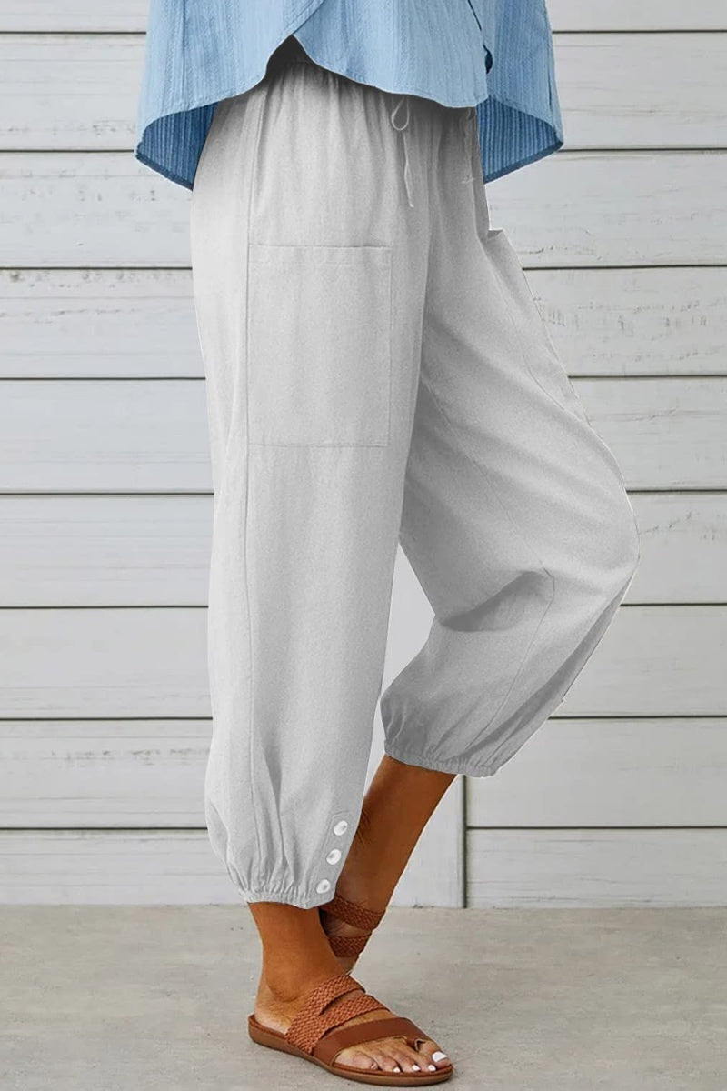 Chouyatou Women Cotton and Linen Drawstring Capri Pants Casual High Waist Pocket Cropped Pants