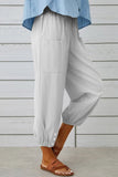 Chouyatou Women Cotton and Linen Drawstring Capri Pants Casual High Waist Pocket Cropped Pants
