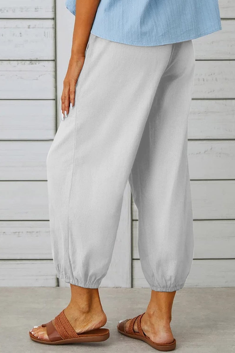 Chouyatou Women Cotton and Linen Drawstring Capri Pants Casual High Waist Pocket Cropped Pants