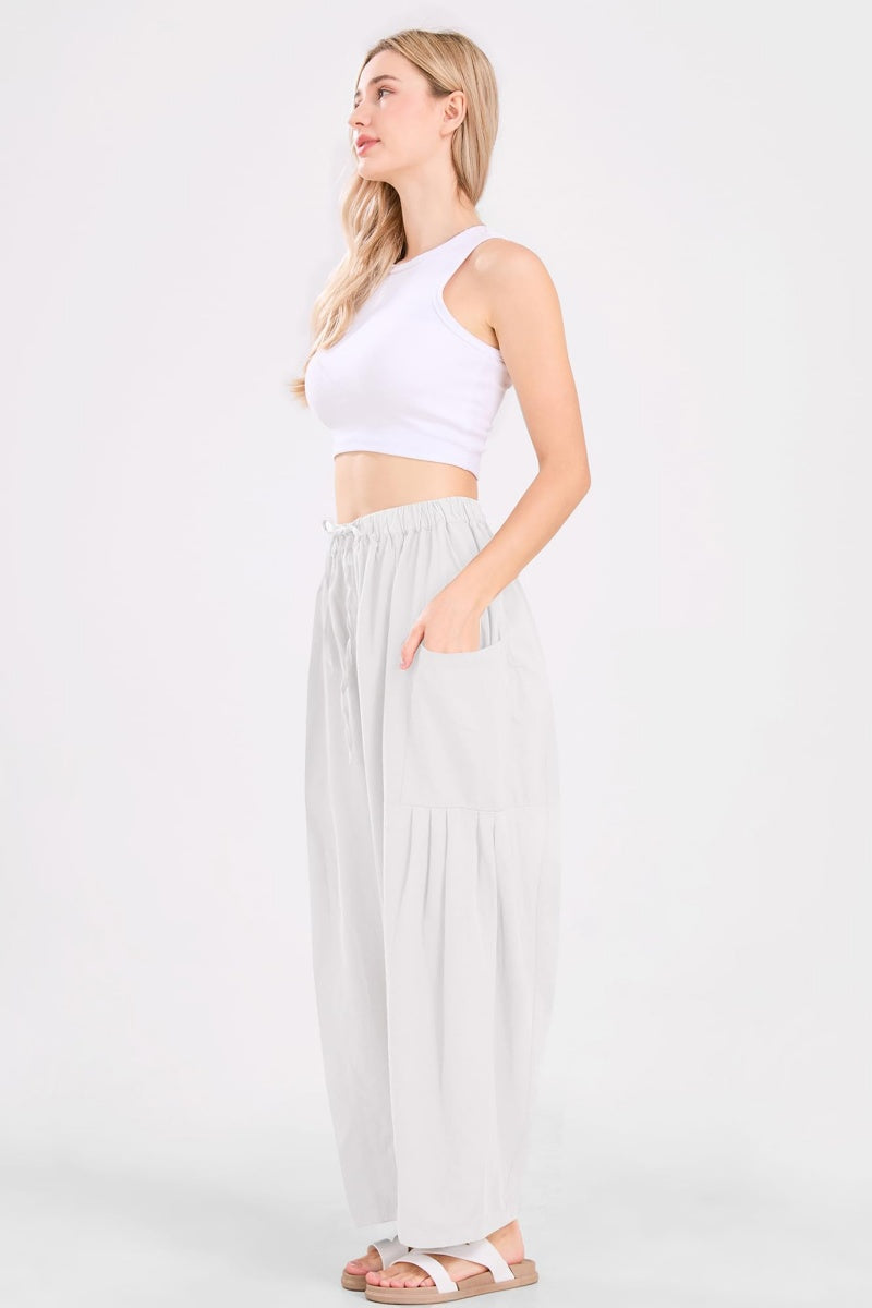 Chouyatou Womens Baggy Linen Pants Casual Loose Fit Drawstring Wide Leg Harem Pants with Pocket