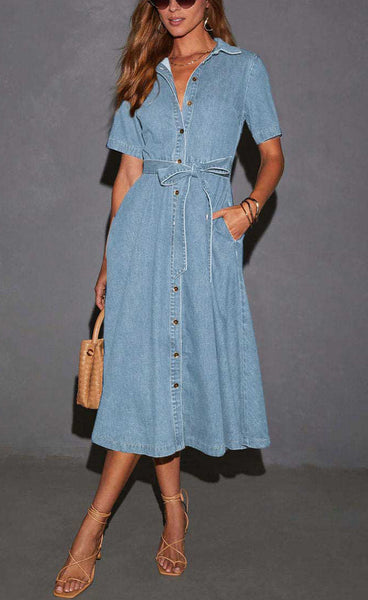 Chouyatou Women Summer Belted Button Down Denim Shirt Dress