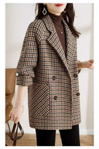 Chouyatou Womens Notched Lapel Pea Coat Double Breasted Blazer Jackets Houndstooth Woolen Blend Overcoat with Pockets