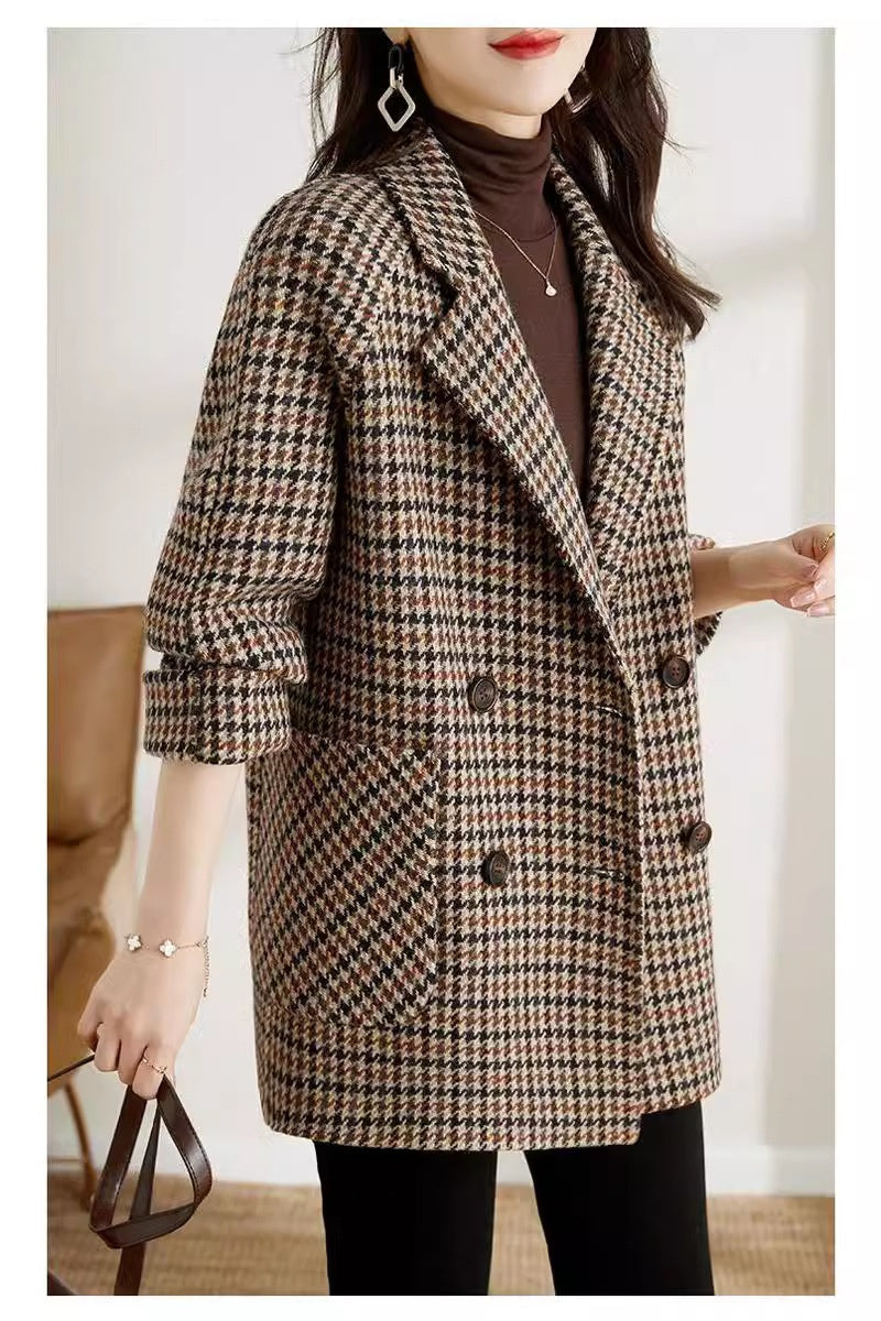 Chouyatou Womens Notched Lapel Pea Coat Double Breasted Blazer Jackets Houndstooth Woolen Blend Overcoat with Pockets