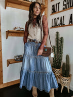 UTCOCO Women's High Waist Long Denim Skirt Button-Fly Tiered Ruffle Swing A-Line Jean Maxi Skirt with Pockets