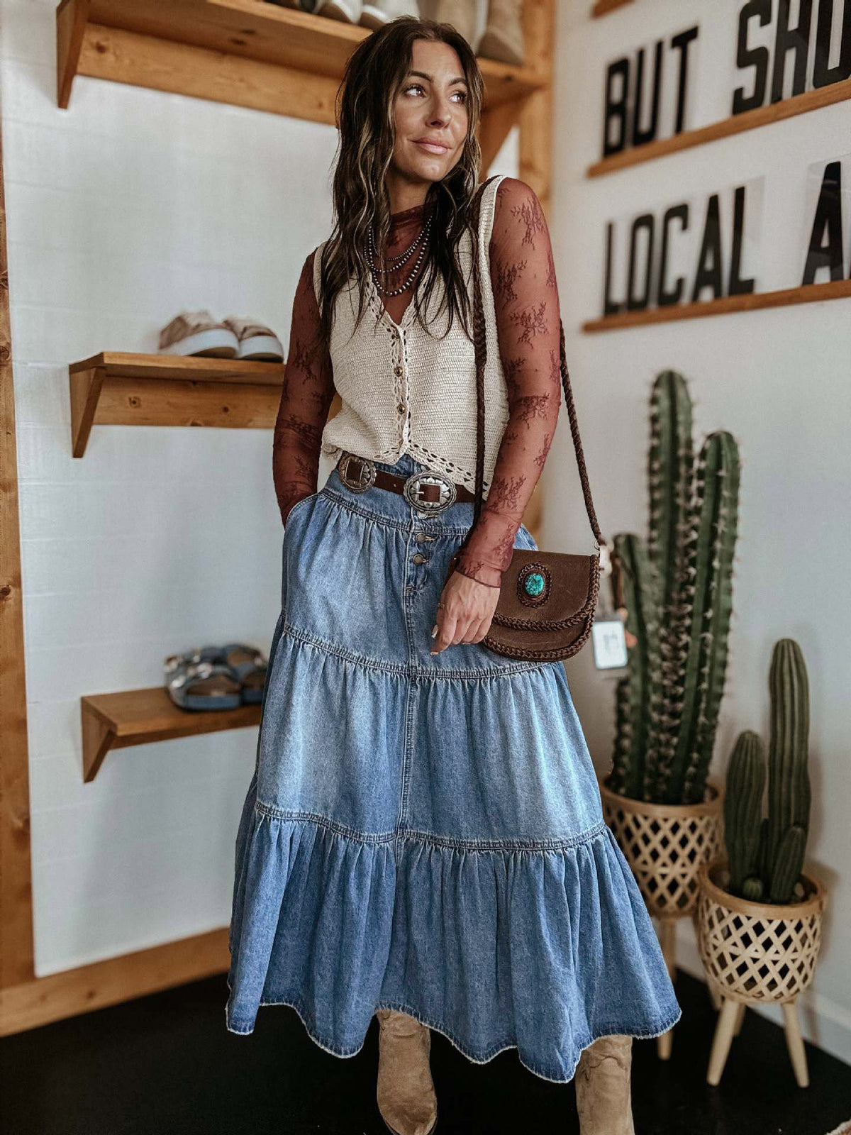UTCOCO Women's High Waist Long Denim Skirt Button-Fly Tiered Ruffle Swing A-Line Jean Maxi Skirt with Pockets