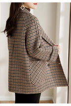 Chouyatou Womens Notched Lapel Pea Coat Double Breasted Blazer Jackets Houndstooth Woolen Blend Overcoat with Pockets