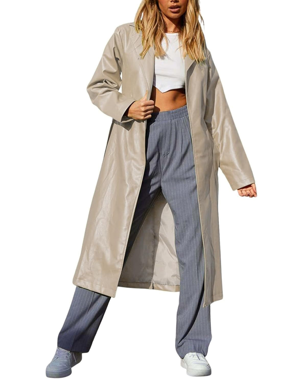 Chouyatou Women's Casual Lapel Open Front Pu Faux Leather Long Trench Coat with Belt