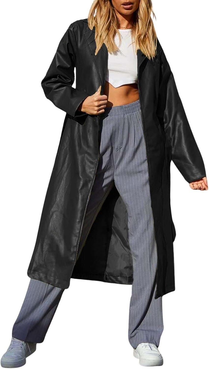 Chouyatou Women's Casual Lapel Open Front Pu Faux Leather Long Trench Coat with Belt
