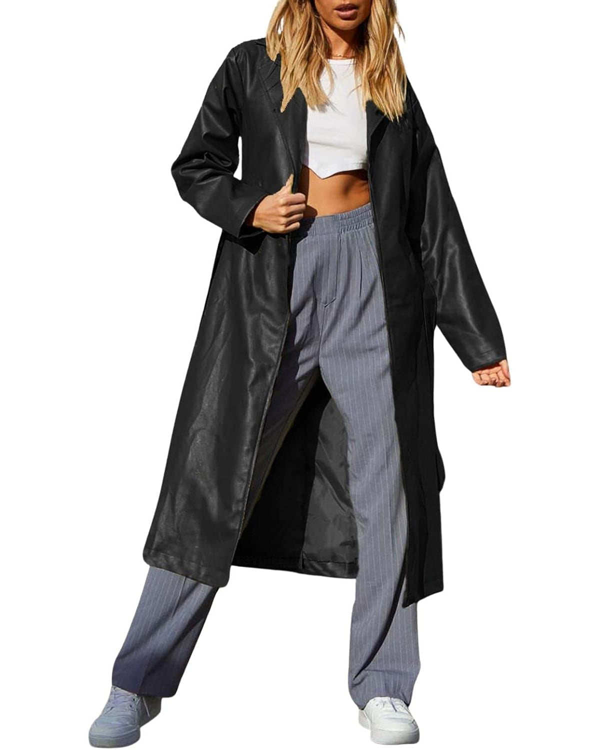 Chouyatou Women's Casual Lapel Open Front Pu Faux Leather Long Trench Coat with Belt
