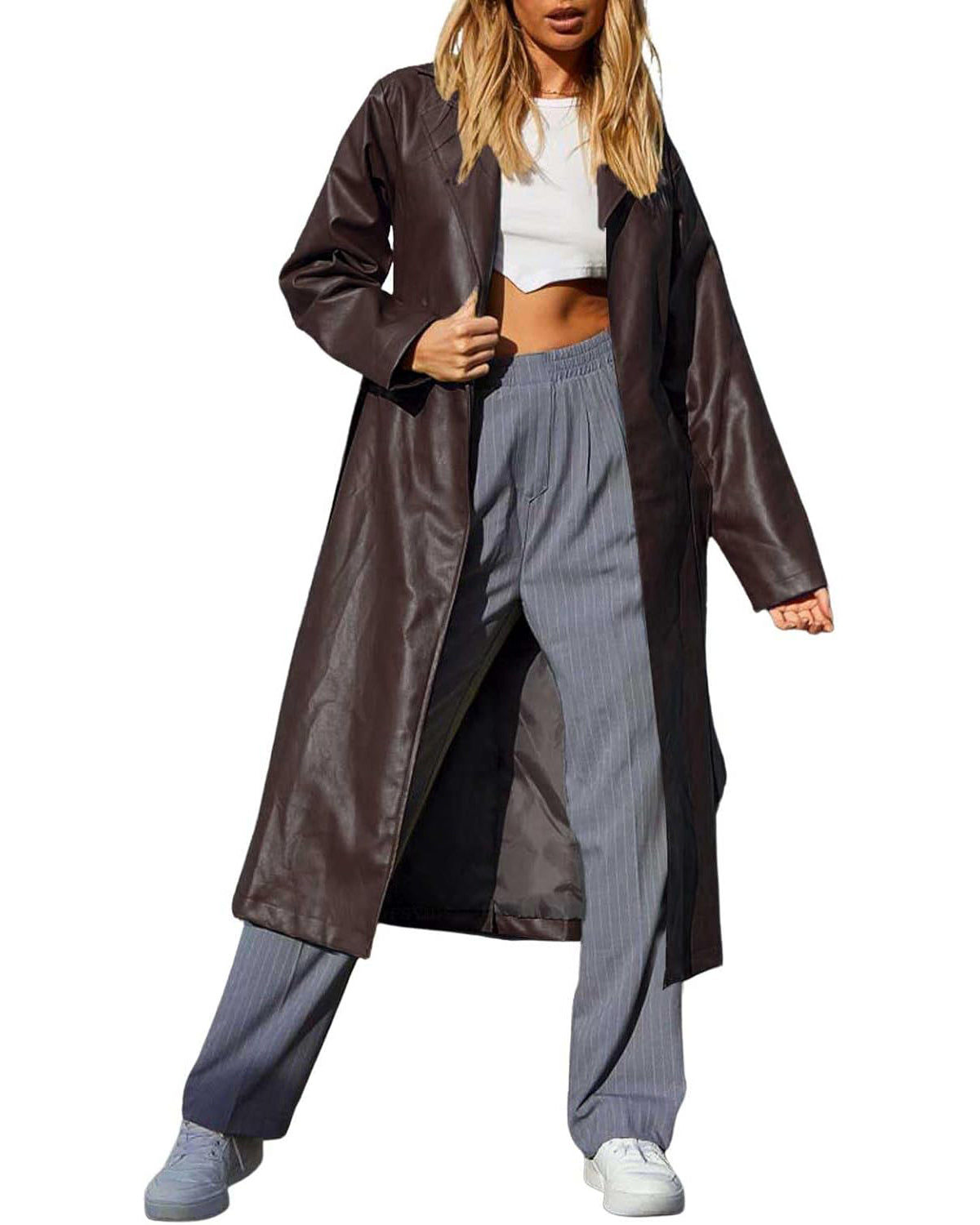 Chouyatou Women's Casual Lapel Open Front Pu Faux Leather Long Trench Coat with Belt