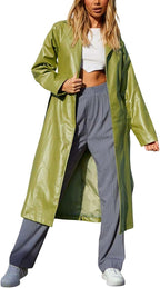 Chouyatou Women's Casual Lapel Open Front Pu Faux Leather Long Trench Coat with Belt