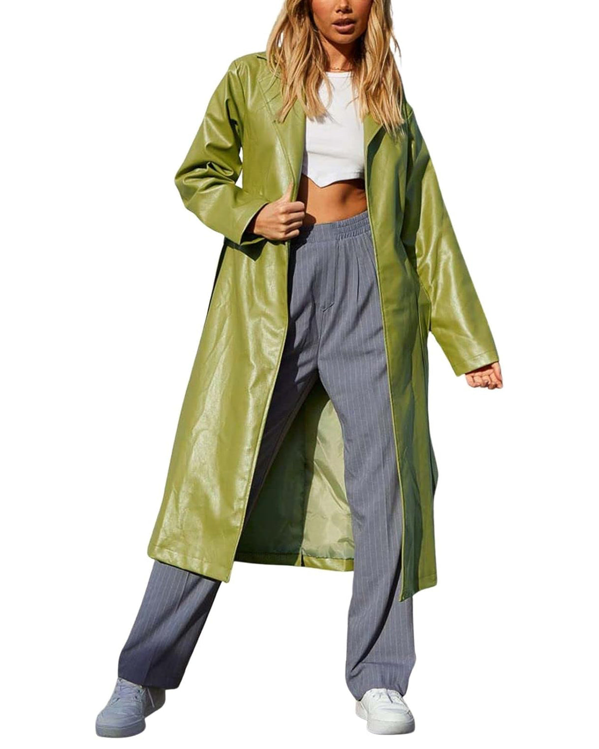 Chouyatou Women's Casual Lapel Open Front Pu Faux Leather Long Trench Coat with Belt