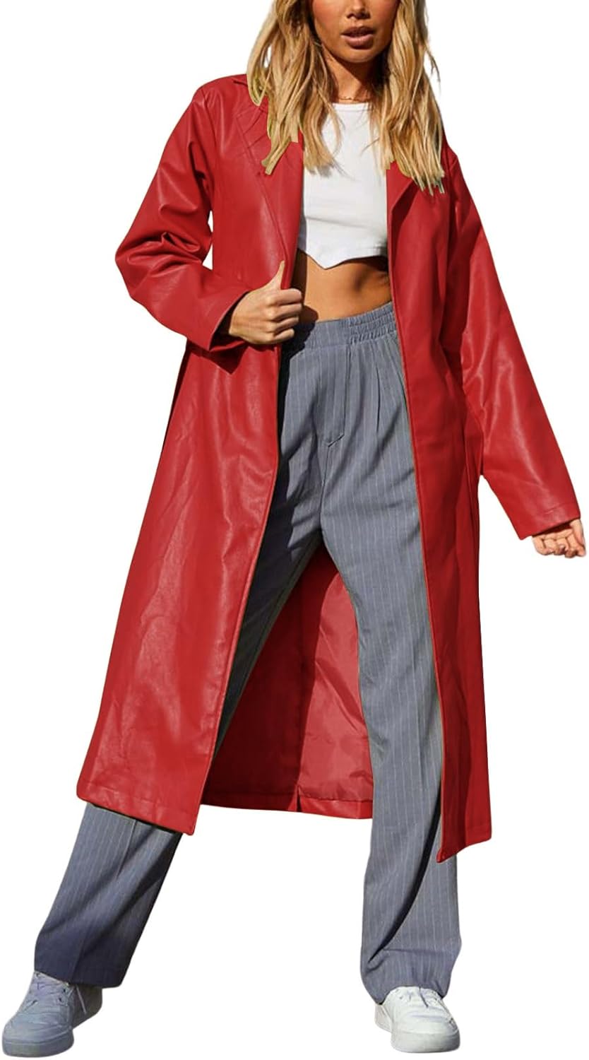 Chouyatou Women's Casual Lapel Open Front Pu Faux Leather Long Trench Coat with Belt